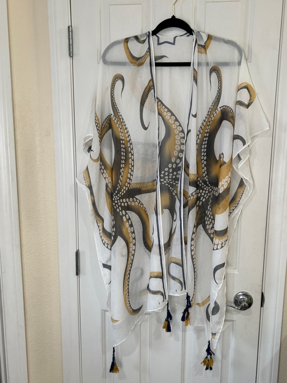 Octopus-Print Sheer Kimono Cover-Up - White & Gold - Picture 1 of 7